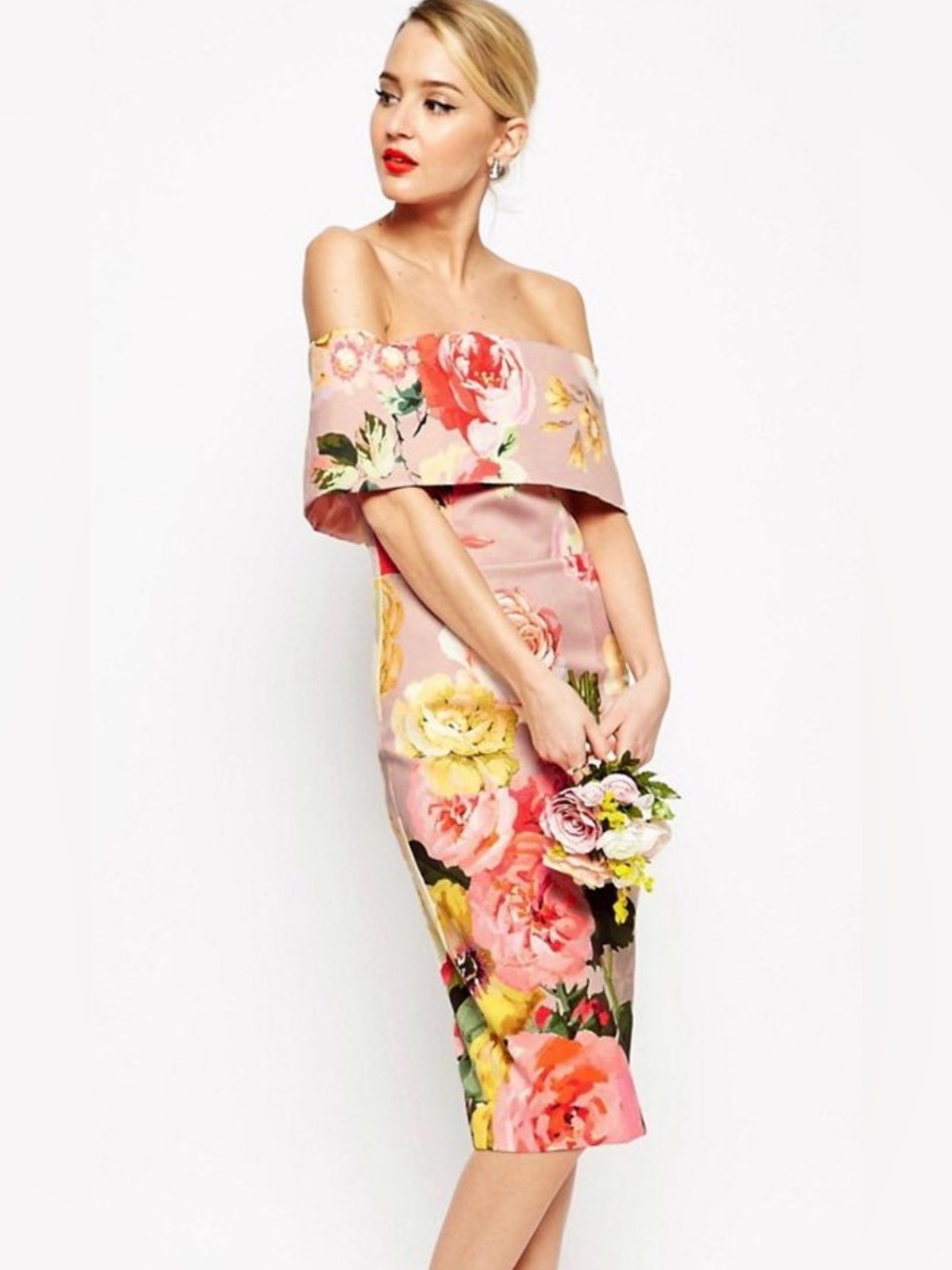 ASOS Petite Floral Bardot Pencil Dress US 2 Pink Rose Off Shoulder Bodycon